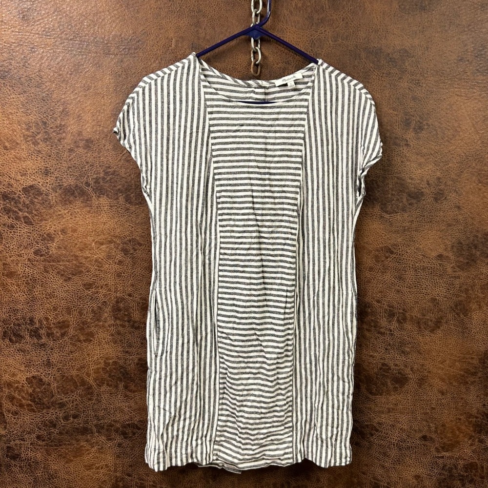 Madewell Striped Linen Mini Dress Button Back Closure Small Black and White